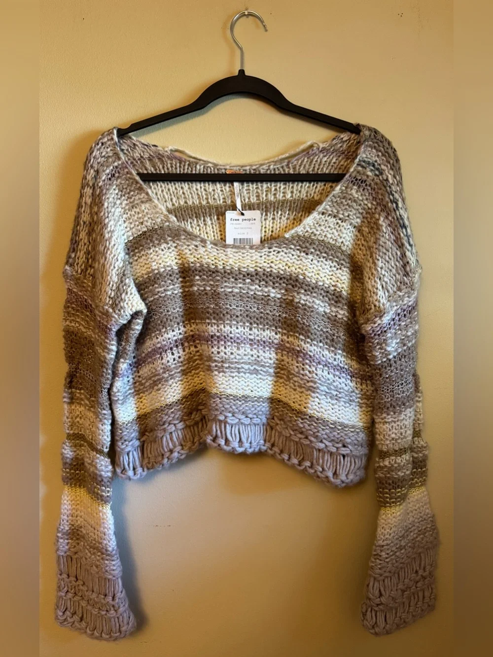 Free People Striped Cropped Crew Sweater in Cream, Taupe and Purple